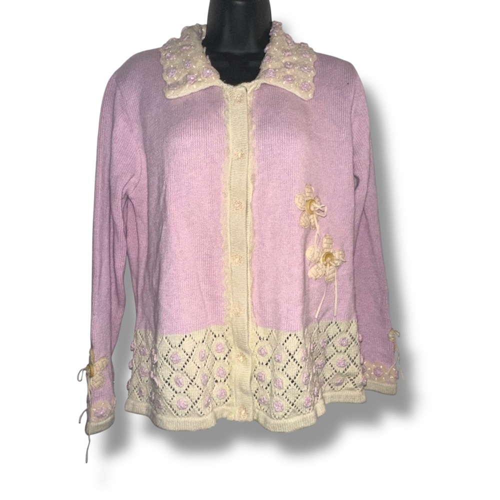 Vintage Storybook Knits pink floral cardigan sweater